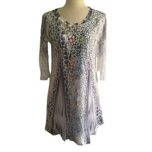 NWT Artsy Abstract Mixed Print Mesh Overlay Mini Dress M Sheer Sleeve Indie Boho